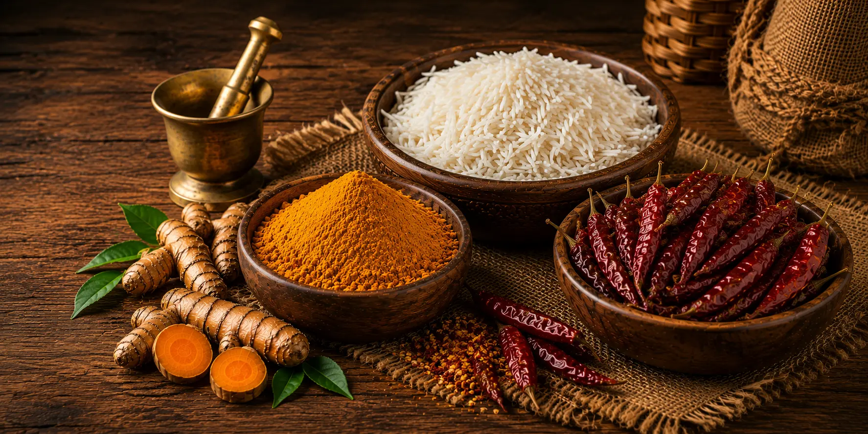 Assortment of premium Indian spices and rice