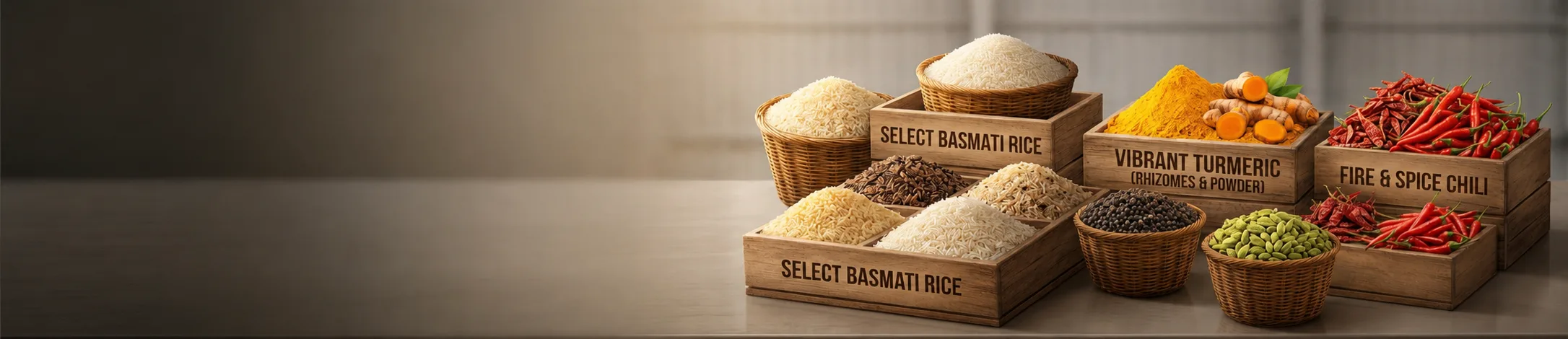 Premium Indian rice, turmeric and red chilli crates ready for export