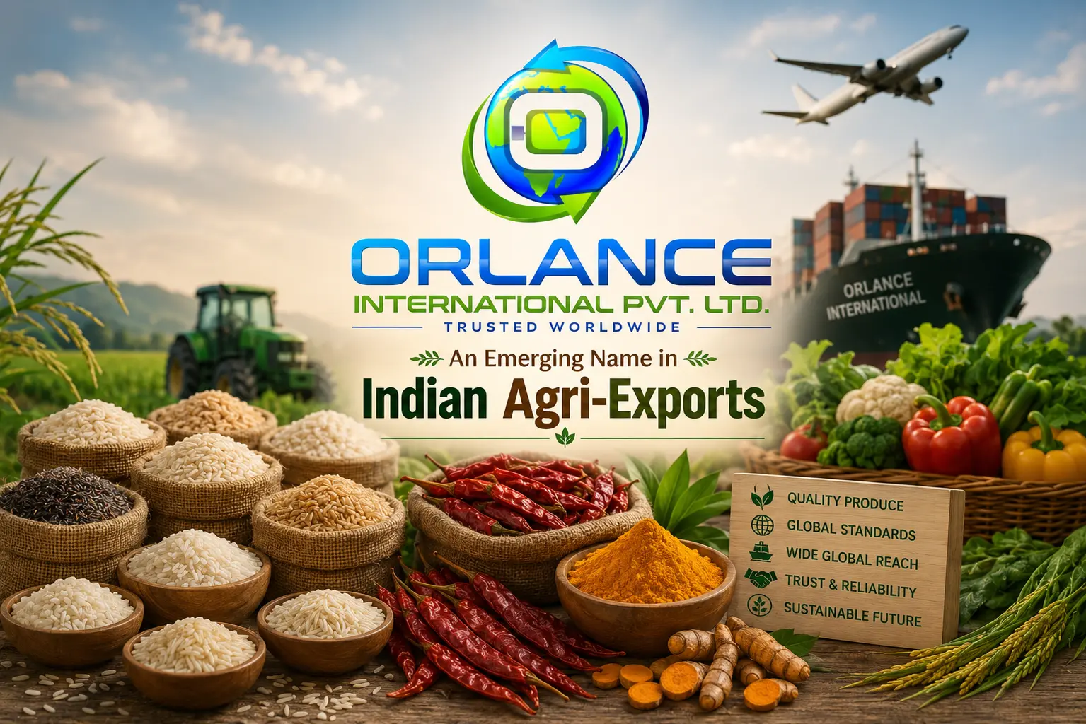 Premium Indian rice, turmeric and red chilli crates ready for export