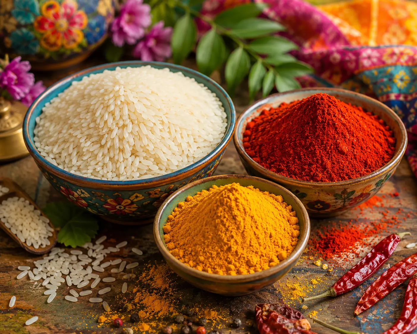Premium Indian rice, red chilli and turmeric powder in traditional bowls